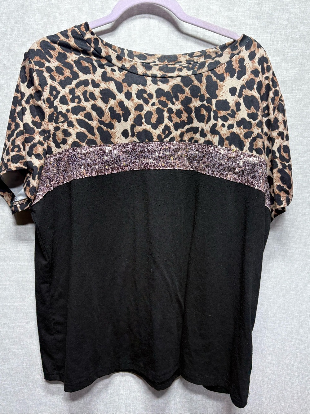 Emily Rose Leopard Print & Black Short Sleeve Top with Sequin Band
